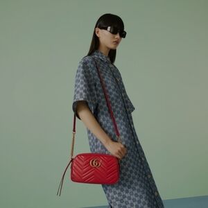 Gucci Marmont Red Camera Bag Chevron Quilt Leather Crossbody Bag W/Gold Accents